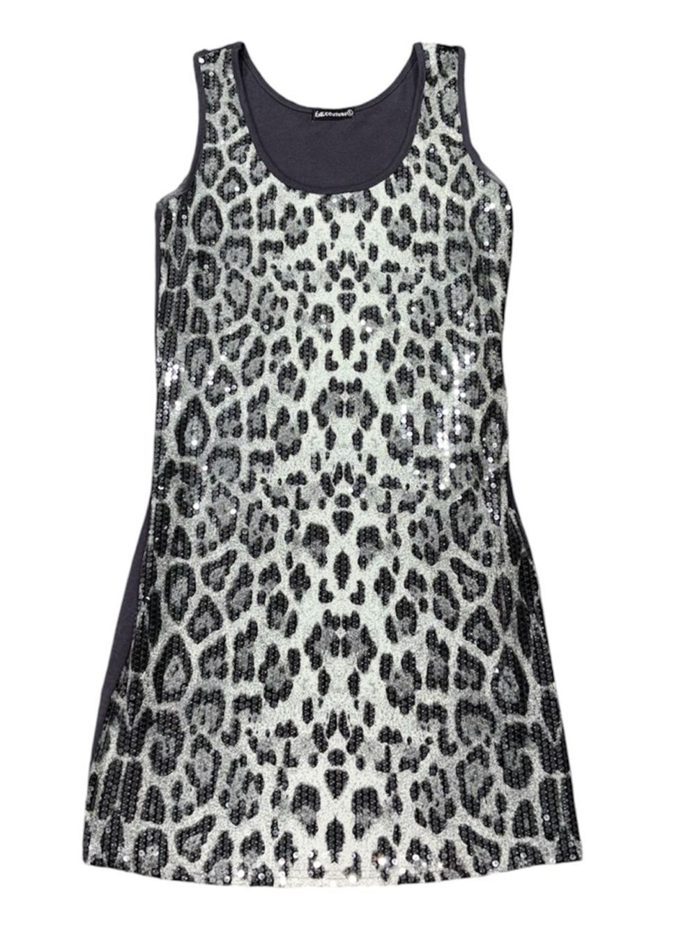 381. Women’s Y2K Sequin Tank Dress in Charcoal with Leopard Print Accents